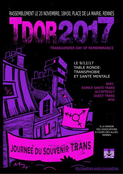 Le dessin d'un défilé où l'on peut lire sur une banderole : Journée du Souvenir Trans